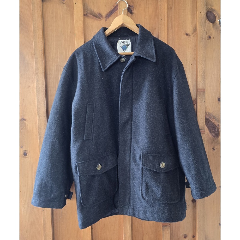 Geo Collection Mens Charcoal Wool Blend Coat L Heavy Winter Professional Classy - Picture 14 of 16